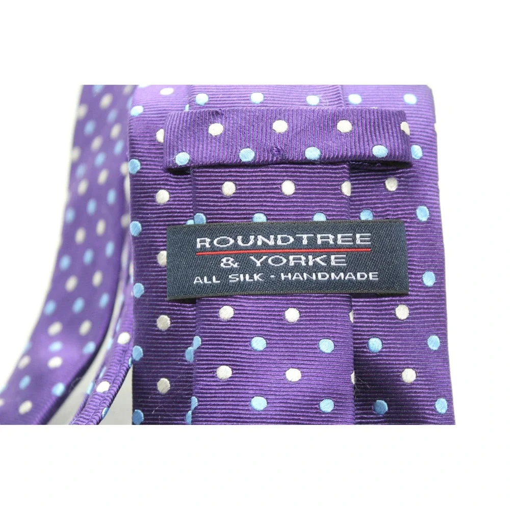 Roundtree & Yorke Purple Polka Dot Silk Tie Handmade Blue White Dots Mens